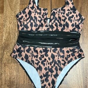 Leopard Print Pink Two-Piece Swimsuit with Black Waistband